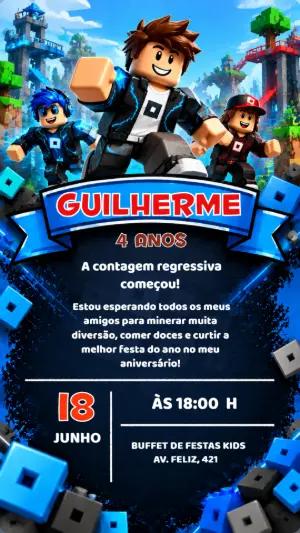 Convite Digital Roblox: Modelo de Aniversário Gamer Editável