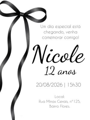 Convite de Aniversário Elegante Laço Preto Editável