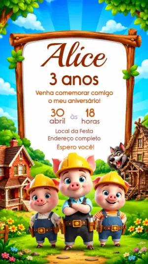 Convite de Aniversário Infantil Três Porquinhos para Editar