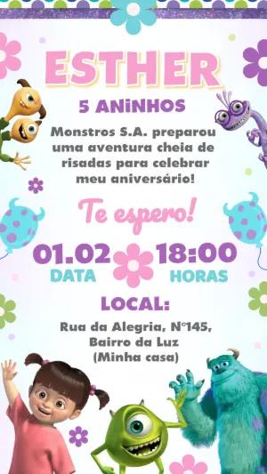 Convite de Aniversário Monstros SA Menina para Editar Online