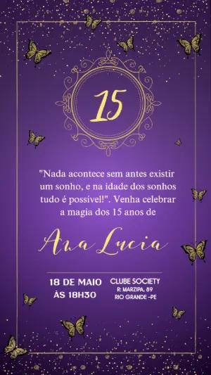 Convite de 15 Anos Roxo e Dourado com Borboletas para Editar