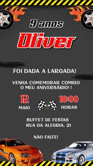 Convite de Aniversário Carros de Corrida Velozes Editável