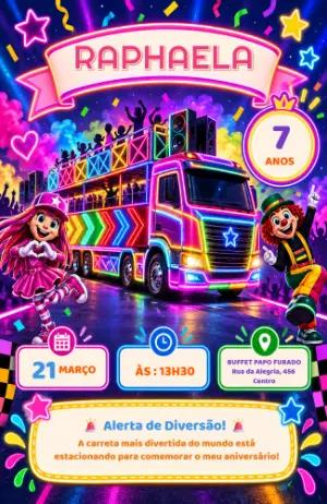 Convite de Aniversário Carreta da Felicidade Neon para Editar