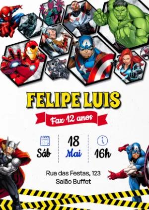 Convite de Aniversário Vingadores Modelo Digital para Editar