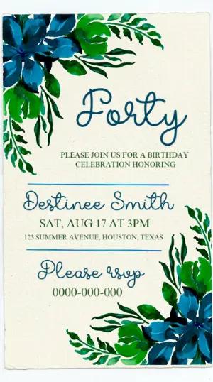 Blue Floral Watercolor Birthday Invitation | Editable Template