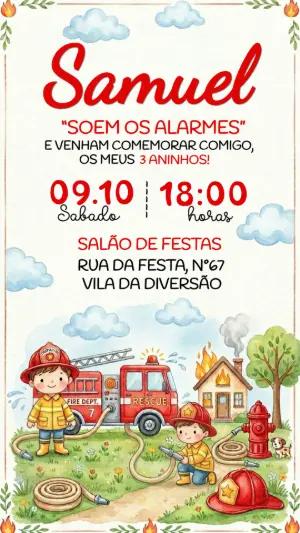 Convite de Aniversário Bombeiro Aquarela para Editar