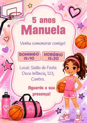 Convite de Aniversário Basquete Menina Rosa Editável