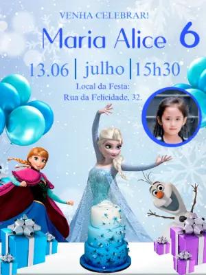 Convite Aniversário Frozen com Foto para Editar Online