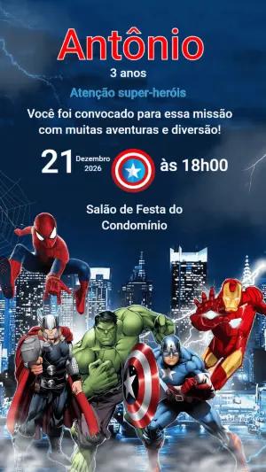 Convite de Aniversário Super-Heróis Vingadores Editável