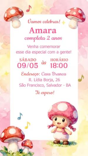 Convite de Aniversário Cogumelo Fofo Aquarela para Editar