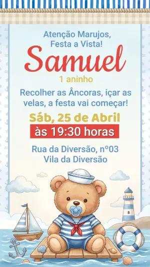 Convite de Aniversário Ursinho Marinheiro Editável
