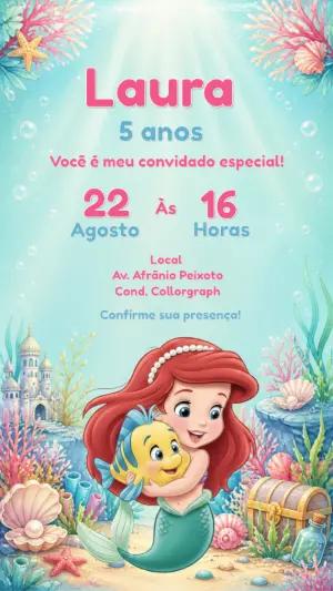 Convite de Aniversário A Pequena Sereia Editável
