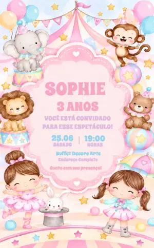 Convite de Aniversário Circo Rosa Editável para Menina