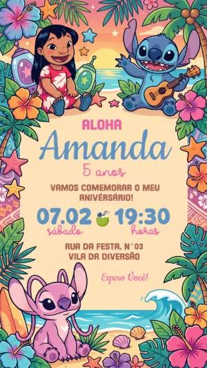 Convite de Aniversário Lilo & Stitch Havaiano Modelo Editável