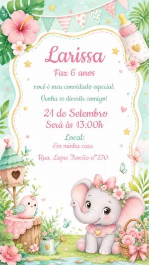 Convite Aniversário Elefantinha Aquarela Editável