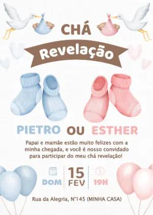 Convite Chá Revelação Cegonha Aquarela Editável