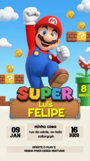 Convite de Aniversário Super Mario Colorido para Editar