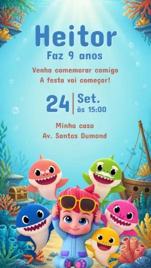 Convite Digital Baby Shark para Aniversário Infantil Editável