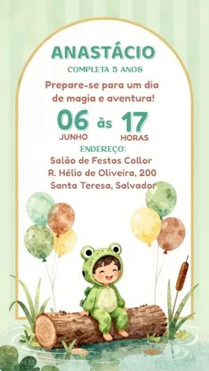Convite de Aniversário Tema Sapinho Aquarela para Editar