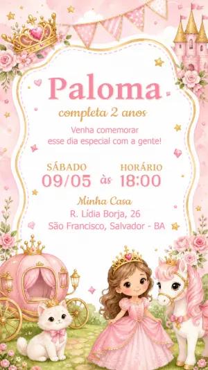 Convite de Aniversário Princesa Rosa e Dourado Editável