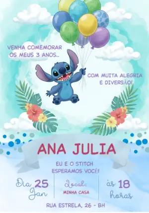 Convite de Aniversário Stitch Aquarela Tropical para Editar