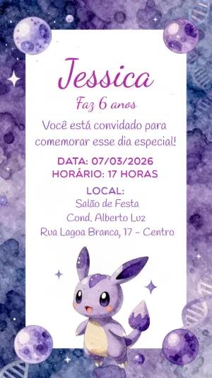 Convite de Aniversário Tema Galáxia Aquarela Roxo Editável