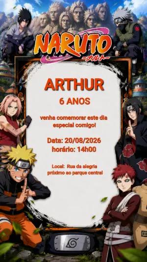 Convite de Aniversário Naruto Editável para Menino