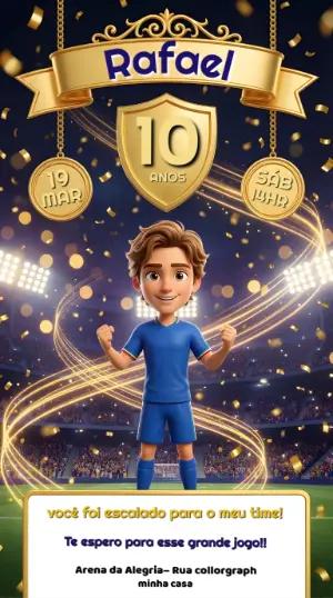 Convite de Aniversário Futebol 3D Dourado para Editar