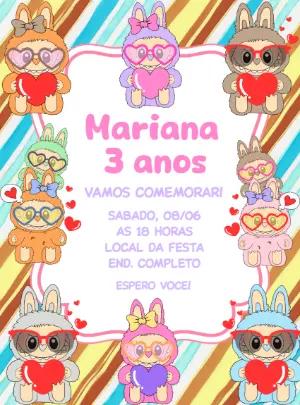 Convite Aniversário Labubu com Bonecos Fofos para Editar Online