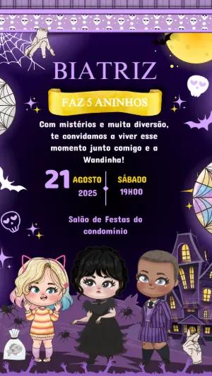 Convite Aniversário Wandinha com Personagens para Editar