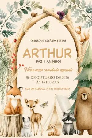 Convite de Aniversário Bosque Aquarela Editável com Animais