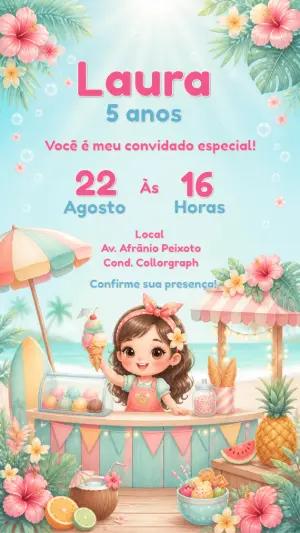 Convite Moana Tropical e Sorveteria Aniversário Editável