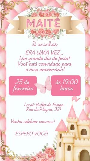 Convite de Aniversário Princesa com Castelo para Editar Online