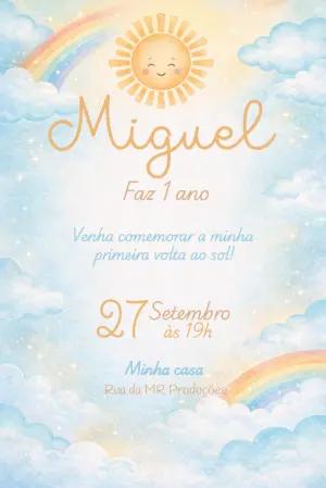 Convite de Aniversário Sol e Arco-íris em Aquarela para Editar