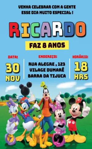 Convite de Aniversário Turma do Mickey Colorido para Editar