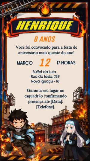 Convite de Aniversário Fire Force Mangá Editável