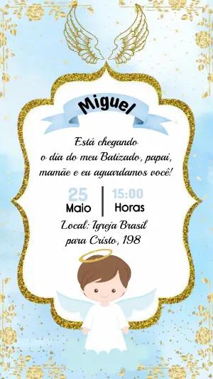 Convite de Batizado Anjinho Azul e Dourado Modelo Editável