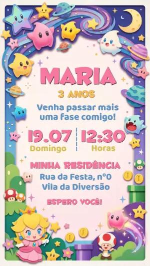 Convite de Aniversário Princesa Peach Super Mario Galaxy Editável
