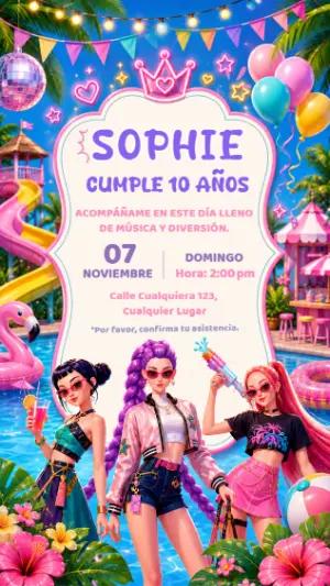 Invitación de Cumpleaños Pool Party K-Pop para Editar