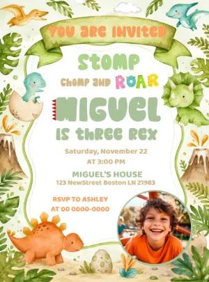 Cute Dinosaur "Three Rex" Birthday Invitation Template