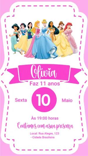Convite de Aniversário Princesas Disney Rosa para Editar Online