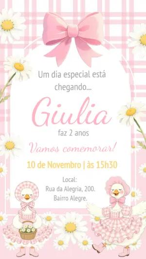Convite de Aniversário Gansinha Rosa Floral Editável