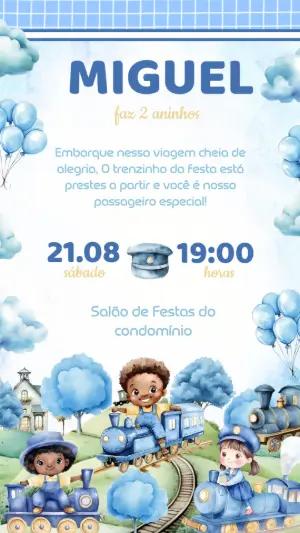 Convite de Aniversário Trenzinho Azul para Editar Online