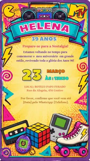 Convite de Aniversário Anos 90 Editável para Festa Retrô