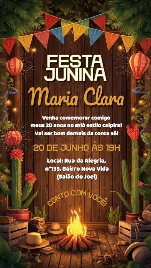 Convite de Festa Junina Rústico com Fogueira para Editar