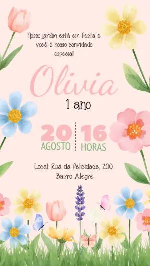 Convite de Aniversário Jardim Floral Aquarela Editável