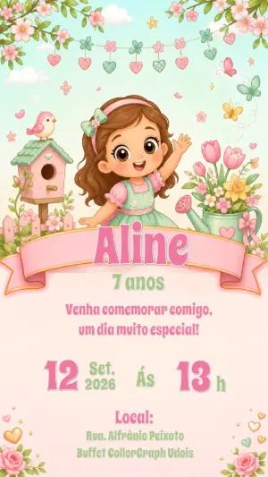 Convite Digital Aniversário Jardim Encantado Boneca Editável