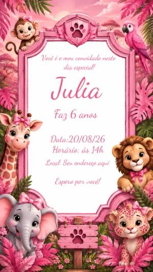 Convite Aniversário Safari Rosa | Modelo Digital Editável