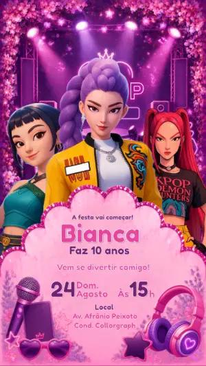 Convite de Aniversário Guerreiras do K-Pop Rosa e Roxo Editável