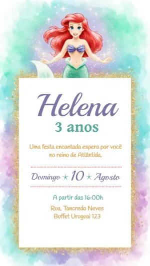 Convite Digital Pequena Sereia Ariel com Fundo Aquarela Editável